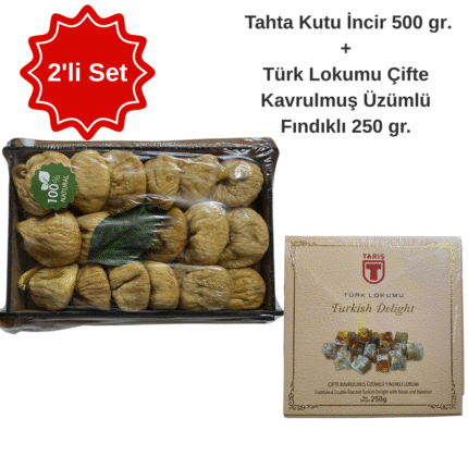 2 'li Set  Tahta Kutu İncir 500 gr. + Türk Lokumu Çifte Kavrulmuş Üzümlü Fındıklı 250 gr.